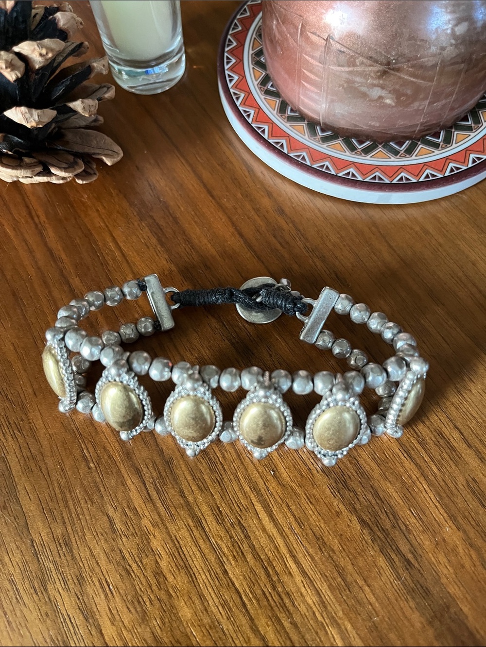 Lucky Brand Silver 2-Strand Bracelet with 2 Tone Medallions